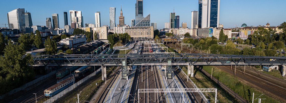 Railway Warsaw station, tracks and traffic lights.